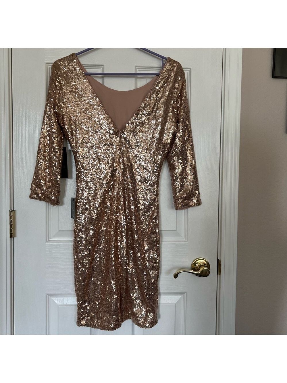 NWT Lulu's Delightful Ways Champagne Gold Sequin Dress Mini Prom Homecoming Club - Picture 5 of 15